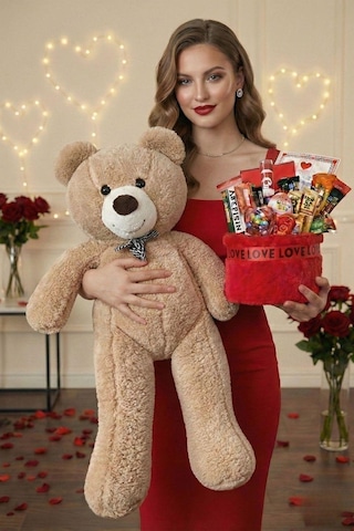 3 Lü Kadınlar Günü Hediye Seti 90 Cm Peluş Ayı, Love Çikolata Sepeti & Mavi Peluş Ayıcık Buketi 58331706