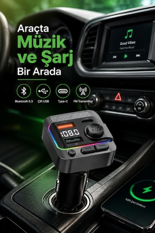 Bluetooth 5.3 Fm Transmitter Kablosuz Mikrofonlu Araç Çakmaklık Şarj Cihazı Usb Qc 3.0 Type-c Pd Hızlı Şarj Led Ekran