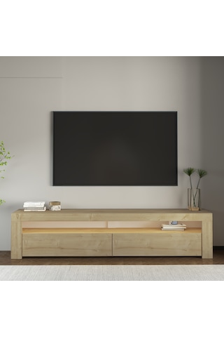 Batı Led Işıklı 2 Kapaklı Tv Sehpası 150 Cm Minimal Tasarım Safir Meşe