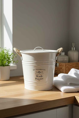 Metal 9 Litre Kapaklı Deterjanlık Ve Deterjan Saklama Kovası - Çok Amaçlı Banyo Saklama Kabı Beyaz
