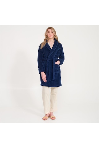 Kadın Welsoft Şal Yaka Polar Sabahlık Lacivert