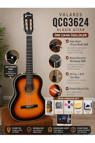Valares Qcg3624 Klasik Gitar 39 4/4 Tam Boy Sap Ayarlı Truss Rod Köşe Korumalı Askı Aparatlı Parlak Gloss Sunburst