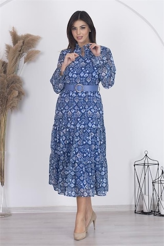Neşeli Butik Kadın Astarlı Etnik Desenli Şifon Elbise Rsnb002 - Mavi Mavi