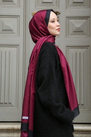 Premium Lux Original Monogram Şal İpek Vual, Yüksek Kalite, Hafif, Rahat, Şık, Tesettür, Shawl Bordo