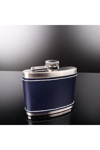 Perlotus 5 Oz-150 Cc Hunili Lacivert Premium Deri Kılıf Çelik Viski İçki Konyak Matarası Sevgililer Günü