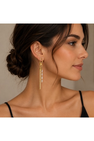 Biju By Servi Baget Taşlı Zincir Sallantılı Altın Renk Küpe-282 Gold