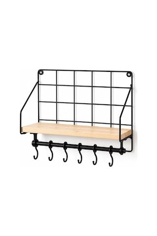 Duvara Asılabilir Yapışkanlı Raf Ve 6 Kancalı Organizer, Ahşap Raflı Metal Mutfak Düzenleyici, Delmeden Monte Edilebilir Askılı Duvar Rafı, Baharatlık, Havluluk, Bardaklık 50 x 22