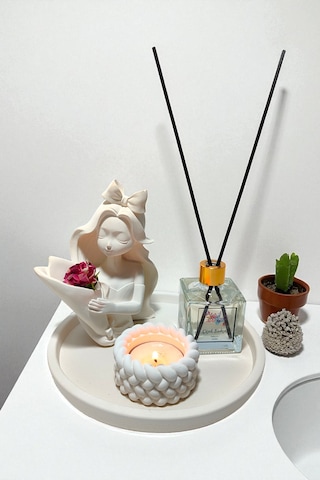 Dekoratif Vazo, Oda Kokusu Ve Mum Seti - Vazo+oda Kokusu+tealight Mumluk Ve Mum+yuvarlak Tepsi Beyaz