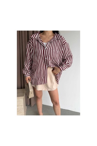 Unika Boutique Çizgili Oversize Gömlek Bordo