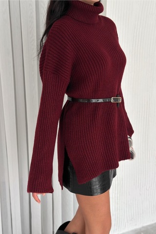 Femelle Kadın Bordo Standart Beden Basic Boğazlı Oversize Triko Kazak