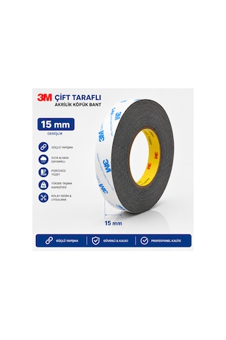 3m Scotch Çift Taraflı Bant 15 Mm X 50 Metre Güçlü Yapıştırıcı Siyah Akrilik Bant Ekran Cam Kasa Kapak Tamir Bandı
