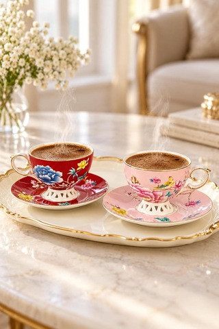 2'li Pembe Bordo Kahve Fincan Seti 90ml Butik Çok Renkli