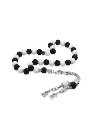 Kararmaz Metal Kişiye Özel Harf Püsküllü Küre Kesim Siyah Beyaz Jade Ayyıldız Oniks Doğaltaş Taraftar Tesbih Siyah - Beyaz