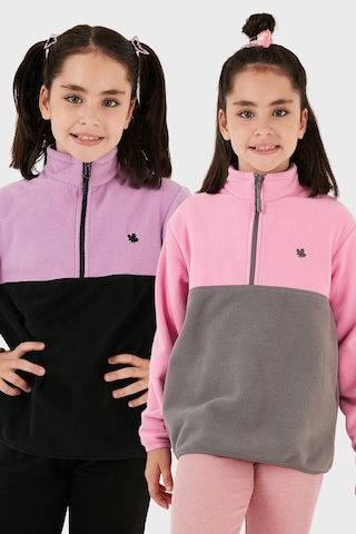 Lela Yumuşak Dokulu Yarım Fermuarlı Renk Bloklu Dik Yaka 2'Li Paket Çocuk Polar 5905004S2 Lila Siyah-Şeker Pembe Gri