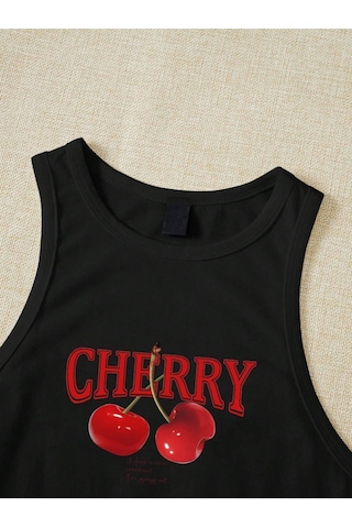 Afri Kadın Siyah "Cherry" Baskılı Kolsuz Crop Atlet - Yazlık Sokak Stili Siyah