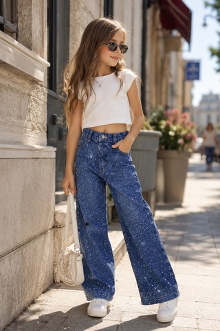 Kız Çocuk Işıltı Taş İşlemeli Wide Leg Jean - Denim Pantolon mavi