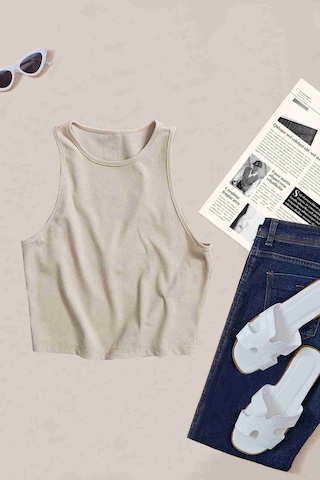 Merry See Tek Renk 1 Adet Kadın Kolsuz Örme Kumaş Bluz Crop Krem 001