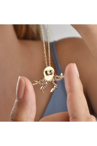 14 Ayar Mikron Altın Kaplama Ahtapot Figürlü Kolye Kırmızı Taşlı El Yapımı Tasarım - Cns00671 Altın