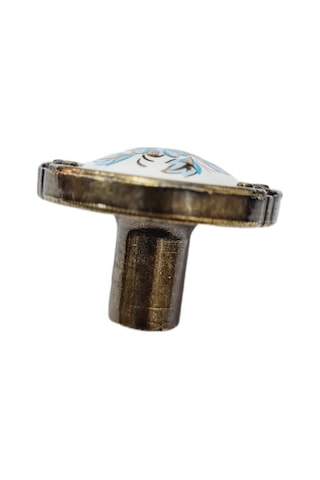Porselen Düğme Kulp Metal Antiksarı Beyaz Motifli / 5 Adet Antik