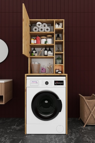 Asra Trend Çamaşır Makinesi Üstü Banyo Dolabı BD-02 %100 MDF Kapaklı Organizer Raf Safir Meşe