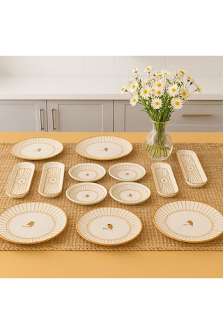 Seramık 6 Kısılık Kuş Desenlı 14 Parca Seramık Kahvaltı Takımı Beyaz
