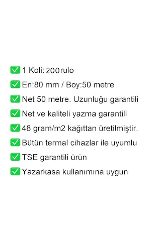 80x50 Metre Termal Yazarkasa Ve Adisyon Rulosu 1 Koli:200 Adet Rulo