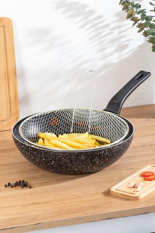 Nishev Emaye Lüks Yanmaz Yapışmaz Granit Kızartma Fritoz Wok Tava 26 Cm Siyah