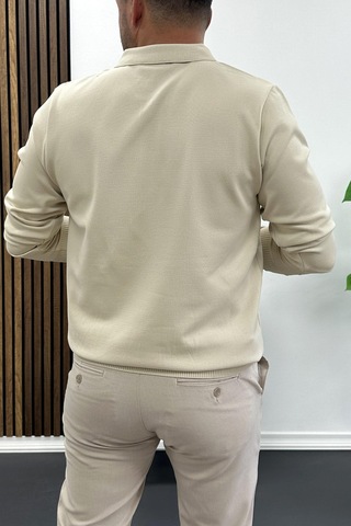 Edwox Erkek Yarım Fermuarlı Düz Desen Polo Yaka Kazak Krem Edw424 Krem