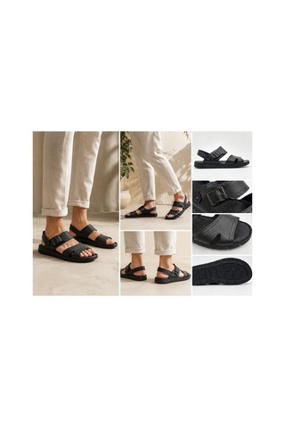 Ern Shoes İçi Dışı Hakiki Deri Ortopedik Erkek Terlik Sandalet Siyah