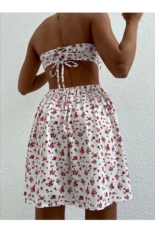 Straplez Elbise Baskılı Beyaz