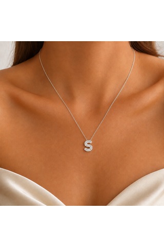 Zirkon Taşlı Gümüş Kaplamalı S Harfi Gümüş Kolye Gold - Rose Gold - Gümüş