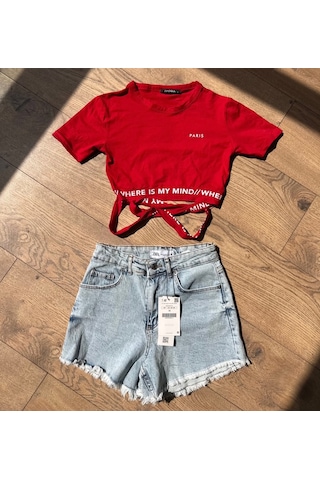 Eymenn Butik Kadın Yüksek Bel Denim Kot Şort Mavi