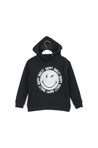 Smile Baskılı Kız Çocuk Kışlık Kapüşonlu Sweatshirt 7 - 16 Yaş Siyah