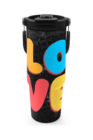 Coral High 900 Ml Erkek Çocuk Siyah Çok Renkli Love Baskılı Çelik Termos /matara - 38706 Turuncu - Mavi