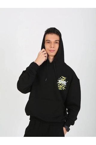 Erkek Çocuk 2 İplik Yazı Detaylı Kapüşonlu Sweatshirt-15232 Siyah