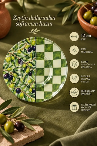6 Lı Cam Çay Tabağı Zeytin Dalı Ve Dama Desenli 12 Cm 6 Adet Çay Tabak Yeşil
