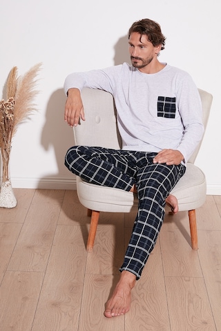 Buratti Ekoseli Cepli Beli Lastikli % 100 Pamuk Regular Fit Erkek Pijama Takımı 6572001 Gri Melanj