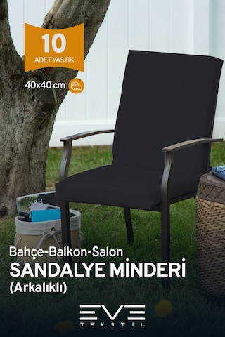 Eve Tekstil Bahçe - Salon - Balkon Arkalıklı Fermuarlı Bağlanabilir Yıkanabilir Sandalye Minderi 10 Adet Siyah