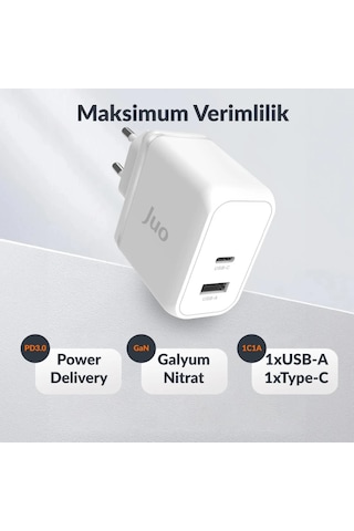 Juo 65W GaN USB-C + USB-A Şarj Aleti iPhone & iPad & Macbook & Notebook Uyumlu PD Type-C Hızlı Şarj Cihazı Beyaz