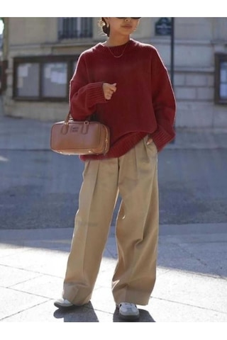 Kozia Outdoors Bisiklet Yaka Salas Oversize Triko Kazak Bordo