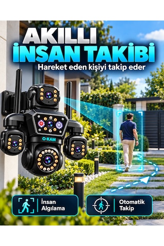 O-kam Ok-251 12mp 4 Kameralı Wifi Gece Görüş Çift Yönlü Ses Uzaktan İzleme Kişi Takibi Türkçe 64gb Akıllı Güvenlik Kamerası