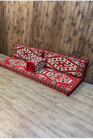 Turkıshrug Kıngdom Yörük - Kilim Şark Köşesi, Yer Minderi Takımı 28 Dansit Sert Süngerli 4 Parça Kırmızı