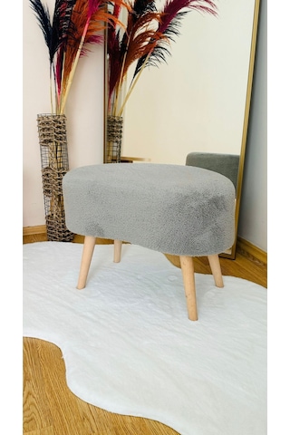 Fasulye Model Ahşap Ayaklı Teddy Kumaş Dekoratif Puf Bench Gri