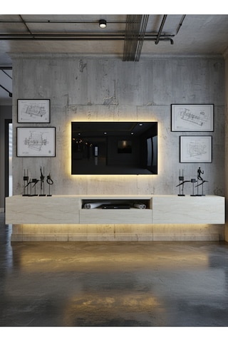 Resital Ledli Duvara Monte Tv Sehpası - Traverten - W6016-8 Traverten