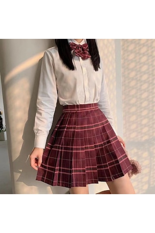 3 Adet Kadın Anime Okul Üniforması Seti Şarap Kırmızı Pilili Etekler Yaz Jk Gömlek Uzun Kollu Ceket Mini Ekose Etek Takım Elbise Şarap Kırmızısı&beyaz Bordo - Beyaz