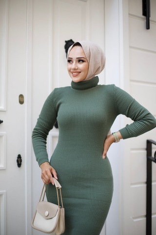 Hira Life Fashion Kadın Elbise Tesettür Giyim Balıkçı Yaka Ve Dar Kesim Triko Kalem Elbise Haki Haki