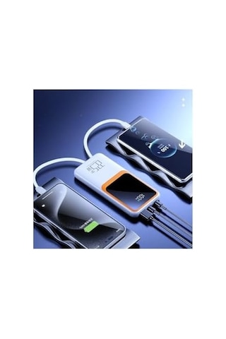 20000 Mah Power Bank Pd 20w Ve Usb 22.5w Quıck Fast Hızlı Şarj Dahili Type C Ve Lightning Kablolu Dünya Standartlarına Uygun Polymer Batarya Birebir Amper Lcd Göstergeli Powerbank Beyaz