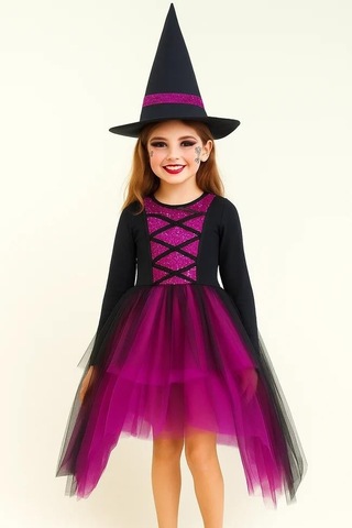 Cadılar Bayramı Halloween Fuşya-siyah Şapkalı Cadı Kız Çocuk Kostümü
