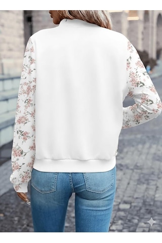 Beyaz Çiçek Desenli 3 İplik Bomber Ceket Fermuarlı Mevsimlik Şık Model Beyaz