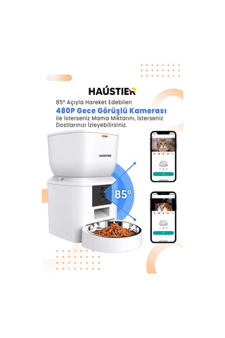 Qq025 Kameralı Akıllı Kedi Köpek Otomatik Mama Kabı,480p Gece Görüşlü, Wifi 2.4ghz, 4 Lt, Metal Kase